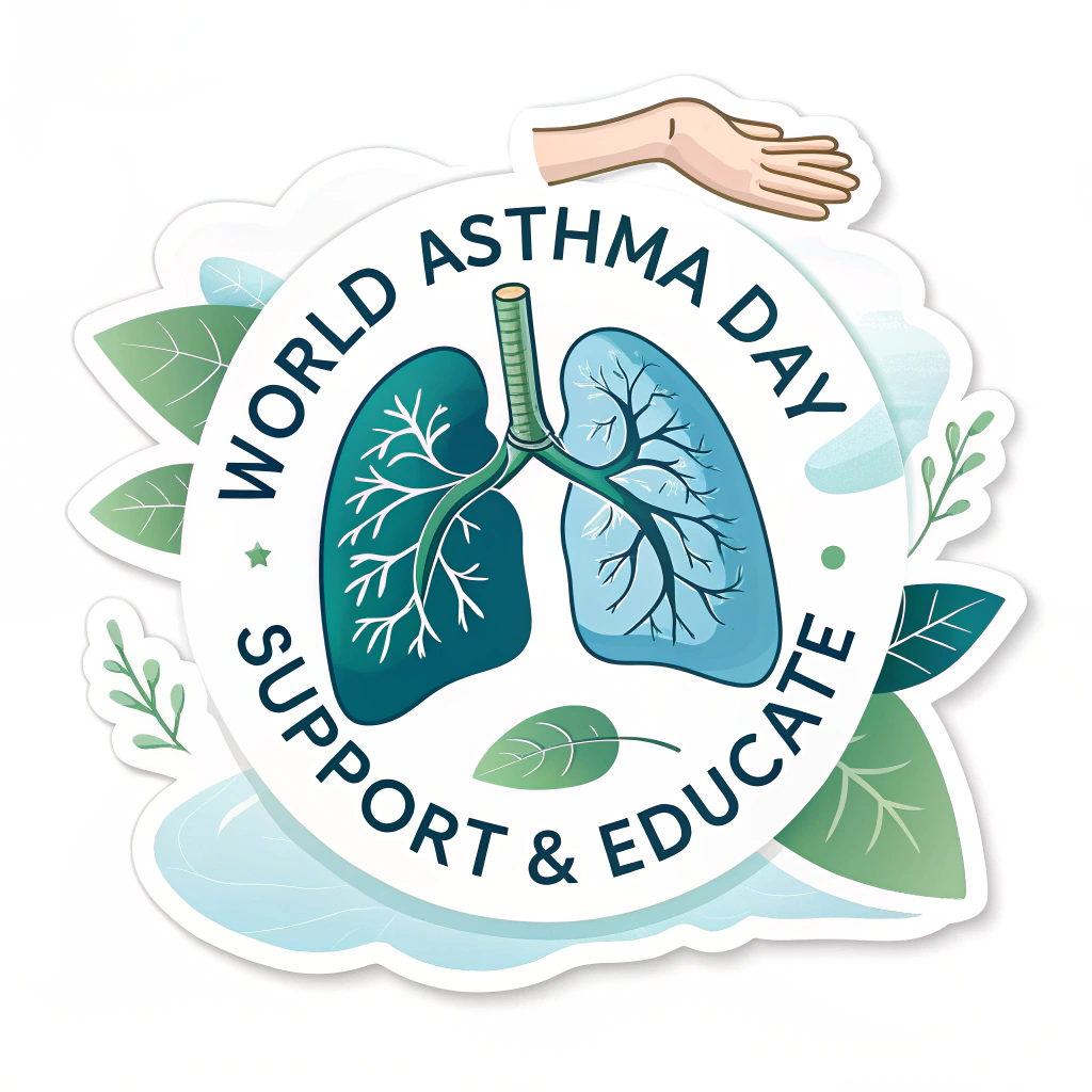Stylized lungs in calming blue/green with a gentle, supportive hand. Incorporate text 'World Asthma Day: Support & Educate' creatively.