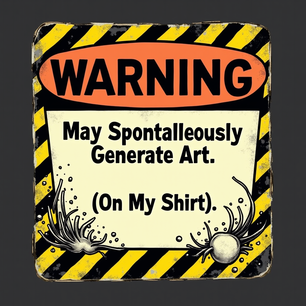 Retro Hazard Label Design: The entire design mimics an old-school, industrial warning label (e.g., yellow and black diagonal stripes, bold 'WARNING' header). The specific hazard listed is 'May Spontaneously Generate Art (On My Shirt)' with small, whimsical art 'spills' escaping the label's border.