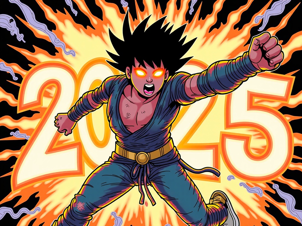 Illustration 2: A single, iconic character in a dramatic 'power-up' pose. Swirling energy, glowing eyes, and tattered clothing auras surround them, set against a stylized, abstract background that hints at an impending confrontation. The '2025' could be subtly formed by the energy patterns.