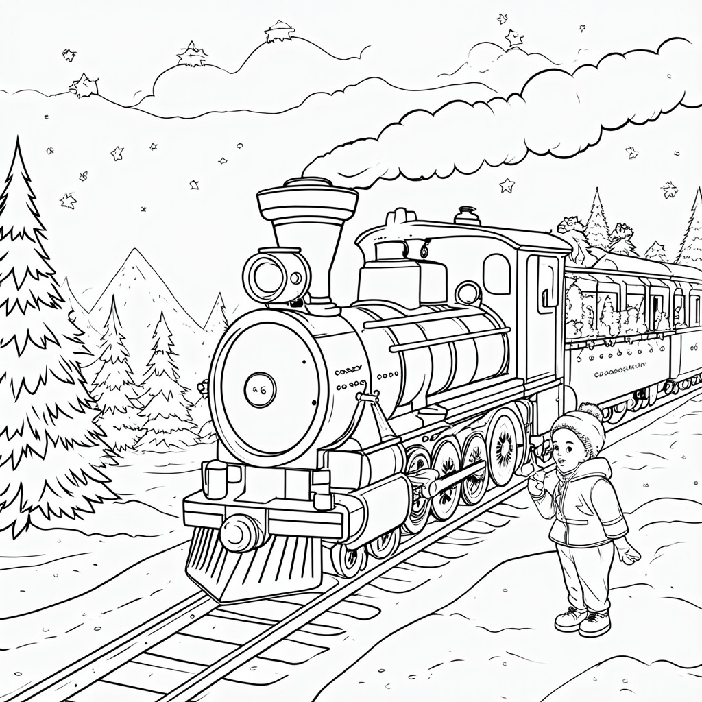 The image shows a sketch of a train on a railway track with a person standing beside it, surrounded by trees and mountains in the background. At the bottom right corner of the image, there is text that reads 