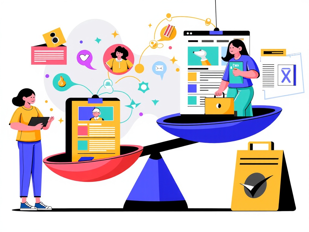 Sub-design Idea 3: Illustrate the concept of balancing free expression and safety using scales, with different types of content represented on each side being weighed against policy guidelines.