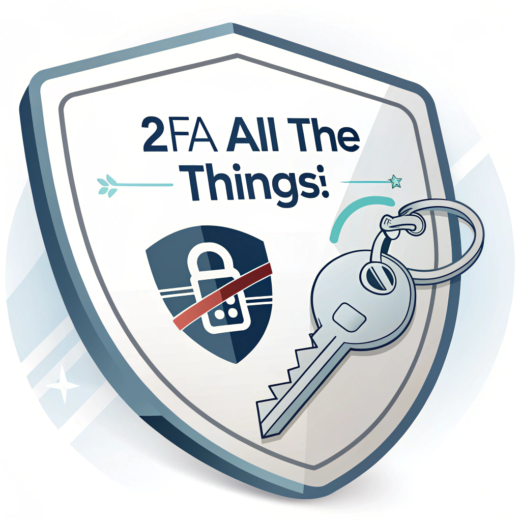 A sleek shield icon intertwined or overlaid with a physical authenticator key (e.g., YubiKey style), with the text '2FA All The Things!' integrated into the design.