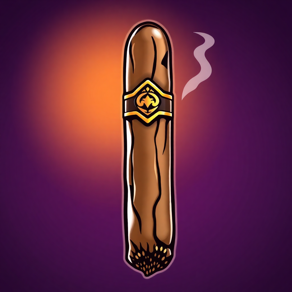 The image is a digital illustration of a cigar. The cigar is in the center of the image and is facing towards the right side. It has a long, cylindrical shape with a pointed end and a flat base. The top of the cigar is decorated with a gold-colored emblem in the shape of a lion's head. The emblem is surrounded by a gold border. The background is a gradient of purple and orange, with a hint of orange on the left side. There is also a white smoke trail coming out of the top right corner. The overall style of the illustration is cartoon-like and playful.