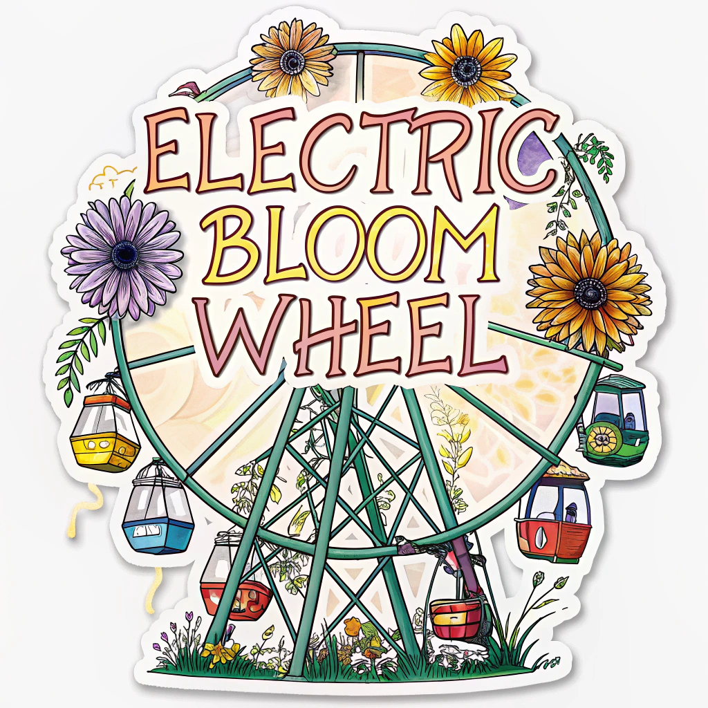 Electric Bloom Wheel: The structure of the Ferris wheel is made of glowing, intertwining daisy stems and petals. Each gondola is a fully bloomed, multi-colored daisy. The background could feature electric sparks and light trails.