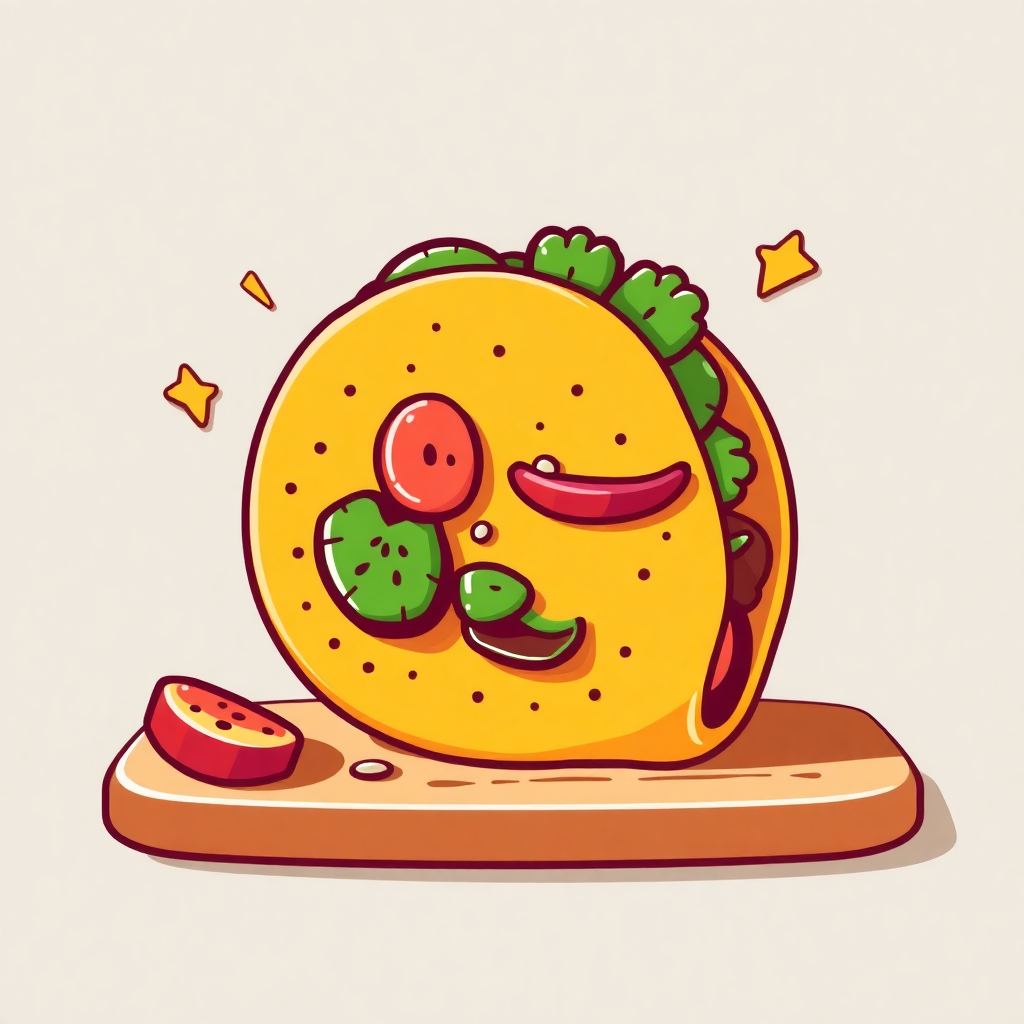 The image is a cartoon illustration of a taco. The taco is yellow in color and has a round shape with a small hole in the center. It has a smiley face with two eyes, a nose, and a mouth. On top of the taco, there are two red tomatoes and a green leafy vegetable. There are also two small yellow stars scattered around the taco. On the right side of the image, there is a slice of red tomato on a wooden cutting board. The background is plain white.