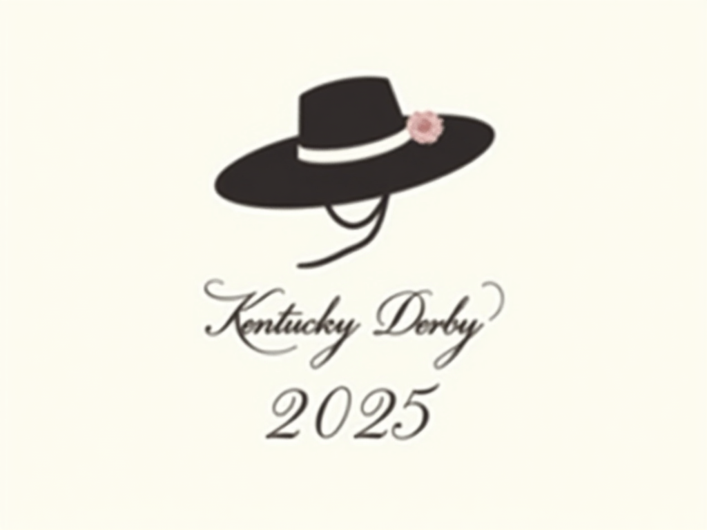 Minimalist Elegance: A T-shirt design featuring a single, sharp silhouette of a wide-brimmed Derby hat with a subtle rose accent. Text 'Kentucky Derby 2025' in an elegant script font below or integrated.