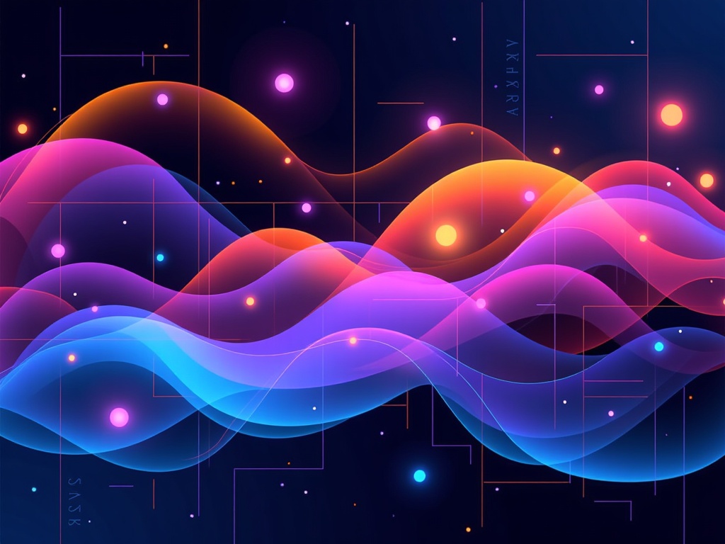 Layered & Translucent Data Streams: Create illustrations using layers of translucent shapes, vibrant lines, and glowing data points to convey depth, complexity, and the interconnectedness of data. This style can represent data analysis, information flow, or multi-faceted technological solutions.