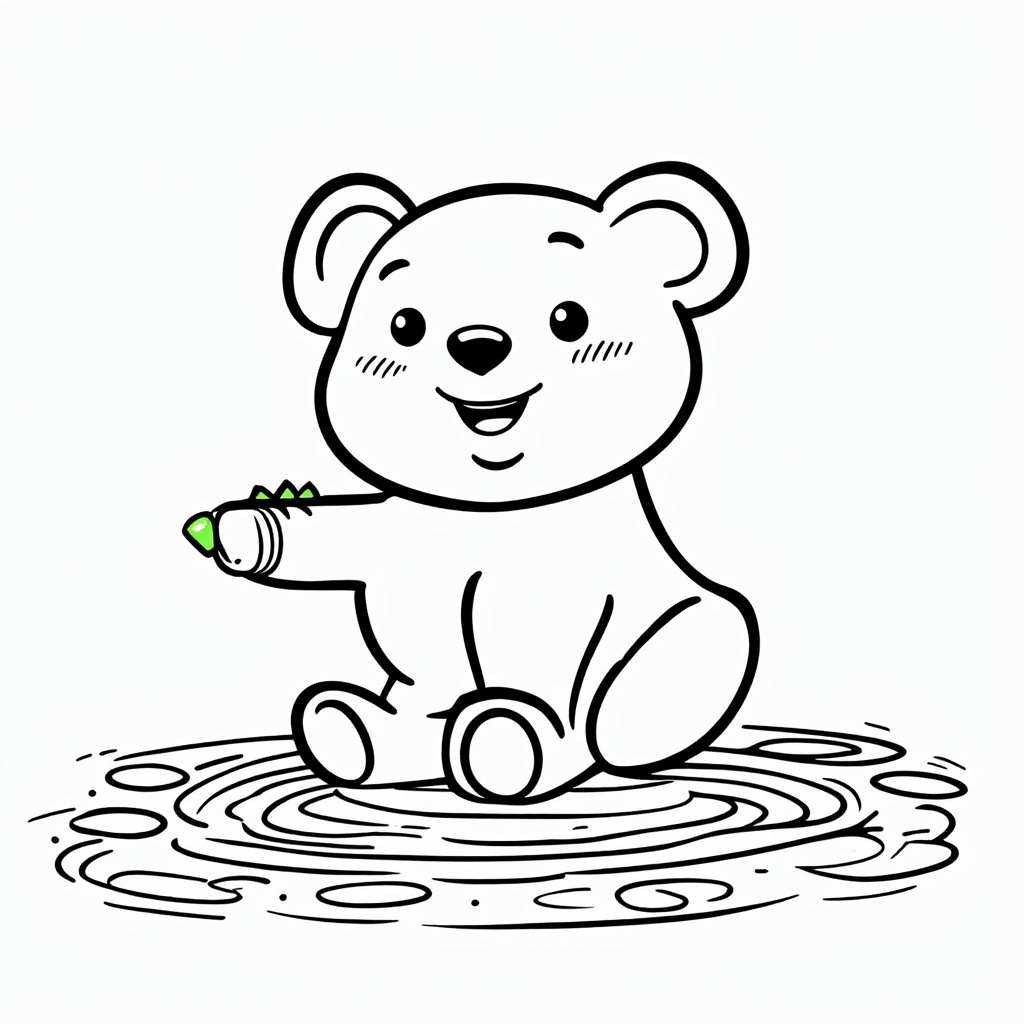 A cute cartoon bear sitting with crayons, ready to be colored by kids.