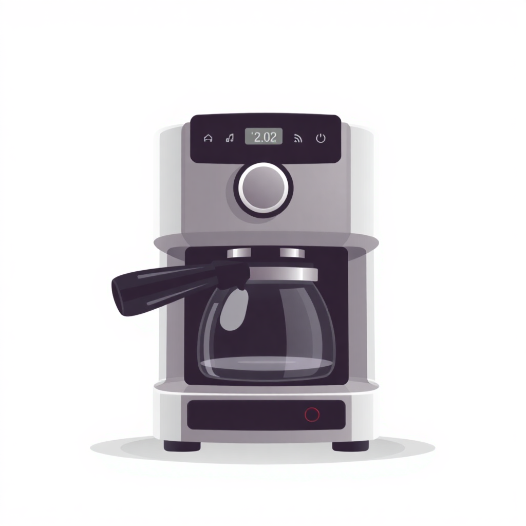 The image is a digital illustration of a coffee machine. It is a modern and sleek design with a silver body and a black handle on the left side. The top of the machine has a digital display screen with the time 2:02 and a few buttons on the right side. Below the display screen, there is a glass carafe with a black lid. The machine is placed on a white background. The overall color scheme of the image is silver and black.