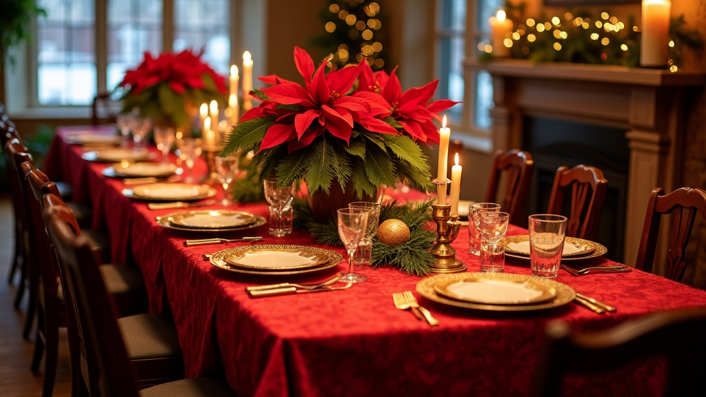 A beautifully set holiday dinner table with red tablecloths, gold chargers, and elegant flatware, accompanied by crystal glassware and a stunning floral centerpiece featuring poinsettias and holly.