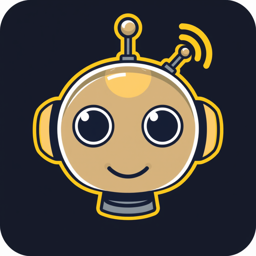AI Assistant Icon: A friendly robot head with large, approachable eyes and a small antenna emitting a signal wave.
