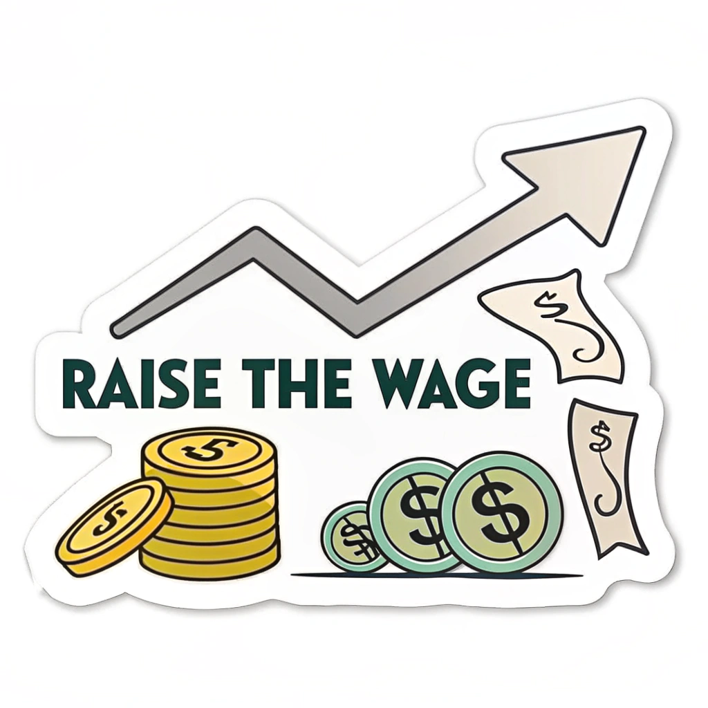A design showing a simple graphic of an upward-pointing arrow visually lifting a stack of coins or a dollar sign ($), with the text 'Raise the Wage' incorporated into or alongside the arrow.