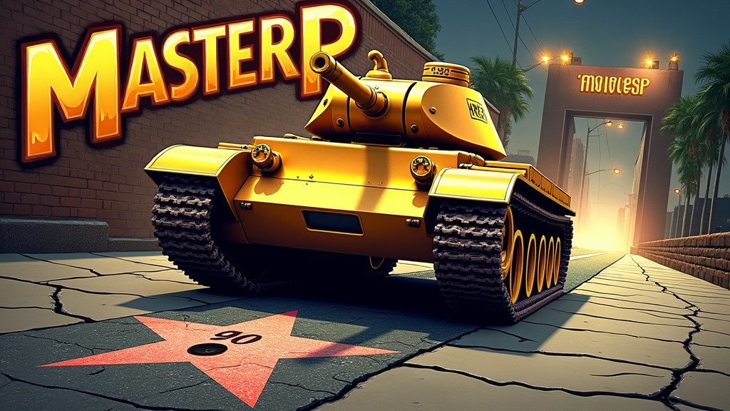 Sub-design Idea 2 (Golden Tank Journey): Feature the iconic No Limit gold tank rolling from a 'Hood' textured background (e.g., cracked pavement, brick wall) towards Hollywood symbols like a Walk of Fame star or a movie studio entrance. Tank tracks could form a path. Text: 'Master P - Birthday Legend' in bold, with 'From the Hood to Hollywood' integrated.