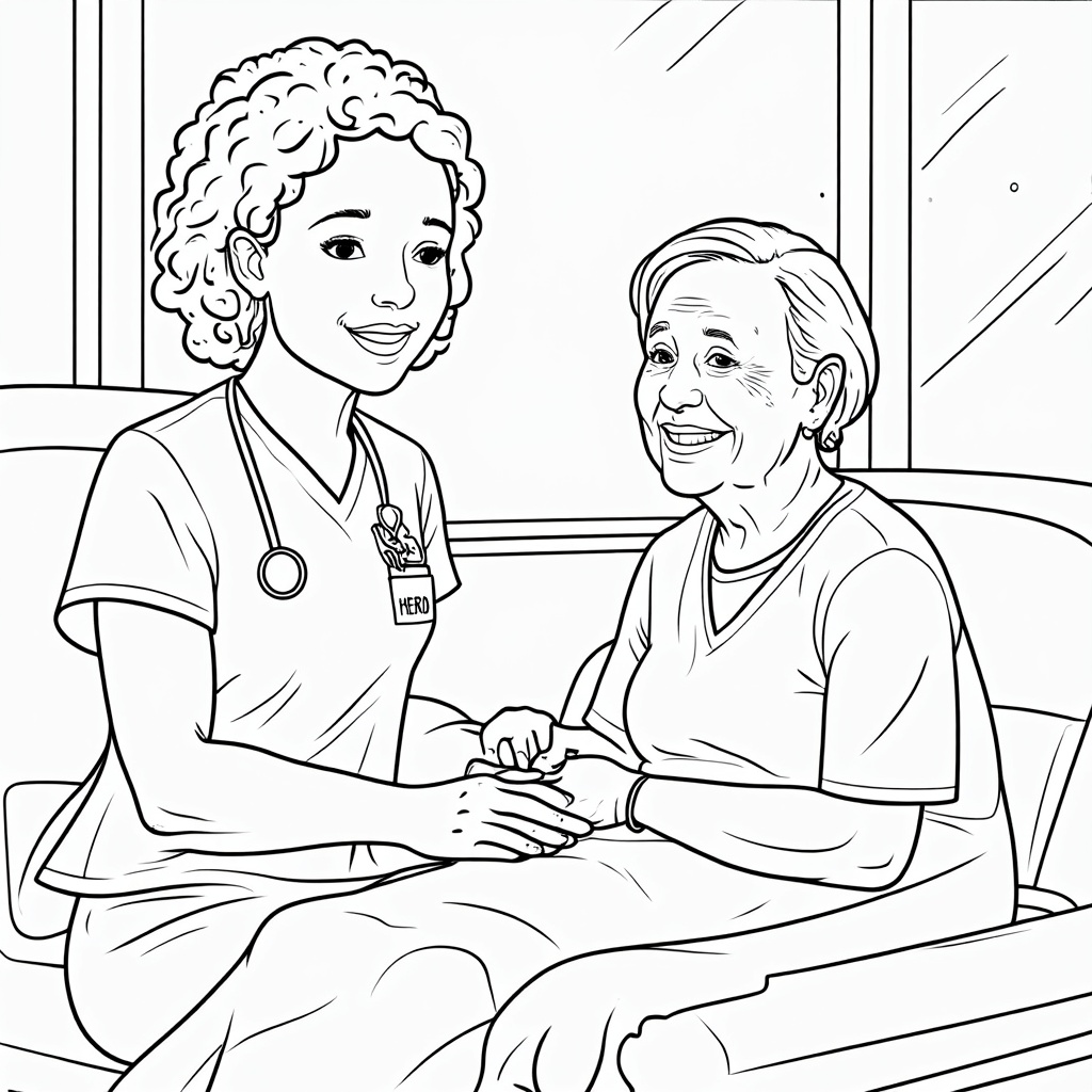 Coloring page depicting a diverse nurse (with a 'HERO' badge) compassionately interacting with an appreciative patient (e.g., elderly person or child). Scene emphasizes care and connection.