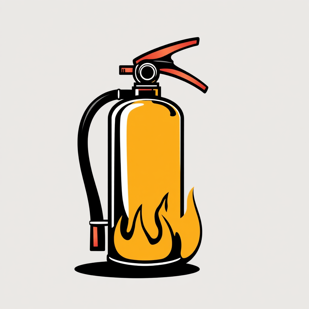 Stylized fire extinguisher with flames licking at its base, suggesting immediate action.