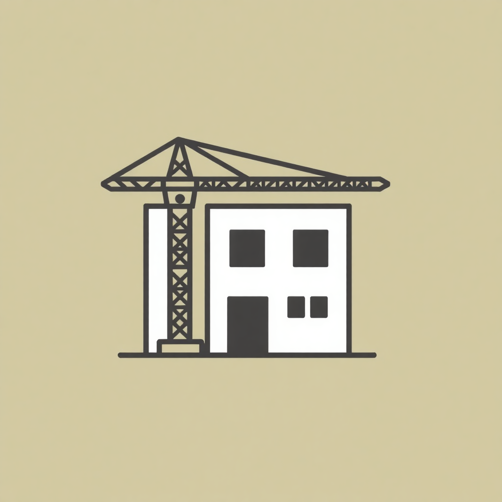 The image is a simple line drawing of a building under construction. The building is a two-story structure with a sloping roof and a tall tower crane on top. The tower crane is black and white and is positioned on the left side of the building. On the right side, there is a small window on the ground floor. The background is a light beige color. The image is simple and minimalistic, with no other elements or decorations.