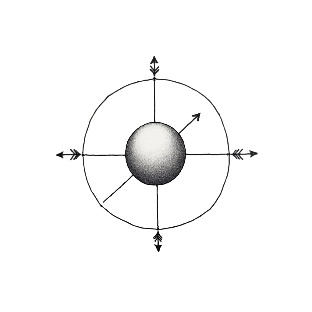 Minimalist Bloch Sphere Tattoo: A clean outline of a Bloch sphere (a 3D sphere representing qubit states) with a single vector arrow indicating a general superposition state. The poles can be subtly marked as |0⟩ (north) and |1⟩ (south). This design emphasizes the geometric representation of a qubit.