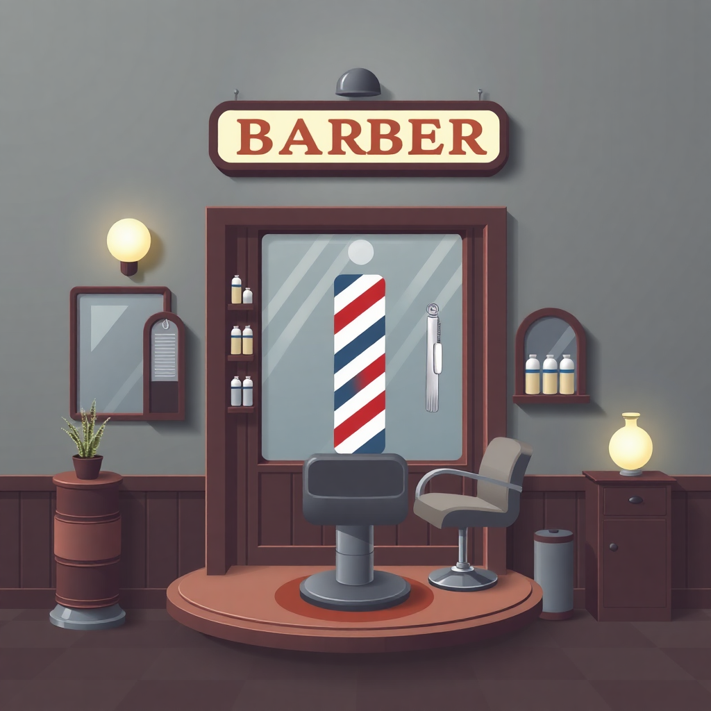 The image is an illustration of a barber shop interior. The background is a light grey color with a large red and white striped barber pole in the center. Above the pole, there is a sign that reads BARBER in bold black letters. On either side of the pole are two barber chairs, one with a curved backrest and the other with a straight backrest. On the left side, there are two mirrors and a small potted plant on a wooden pedestal. The walls are painted in a dark brown color and there are shelves with bottles of shampoo and conditioner on the right side. The floor is made of wood and the overall style of the shop is modern and minimalistic.