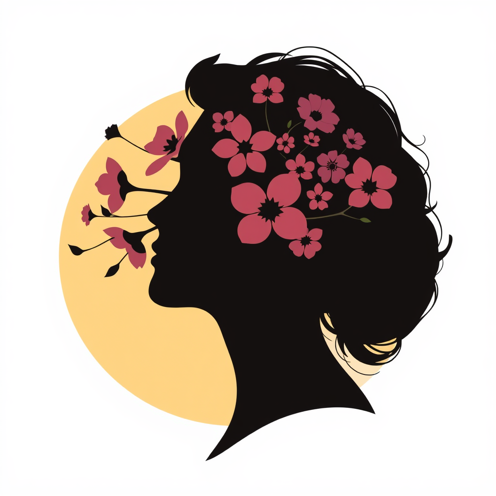 Silhouette of a woman's face with flowers blooming from her hair, symbolizing growth and empowerment.