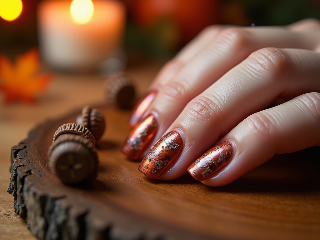 Thanksgiving nails featuring detailed acorn and leaf art, painted in varying shades of bronze for a natural and rustic feel.