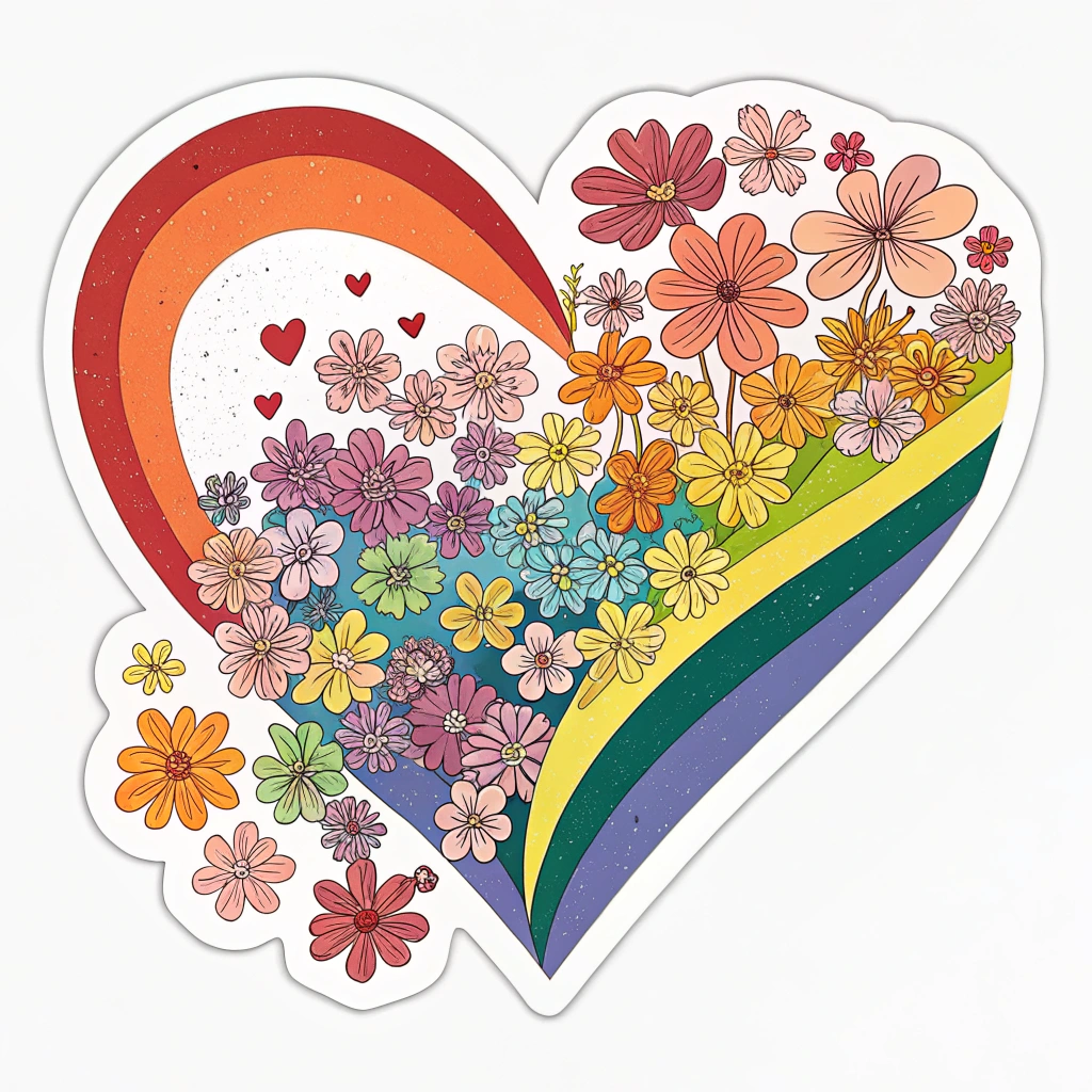 WorldPride 2025 Sticker - Floral Pride Silhouette: A sticker shaped like a prominent Pride symbol (e.g., a heart, a lambda, or the Venus/Mars/Transgender symbols interlinked) with its interior filled by a dense, intricate pattern of various tiny, blooming flowers in a full rainbow spectrum.