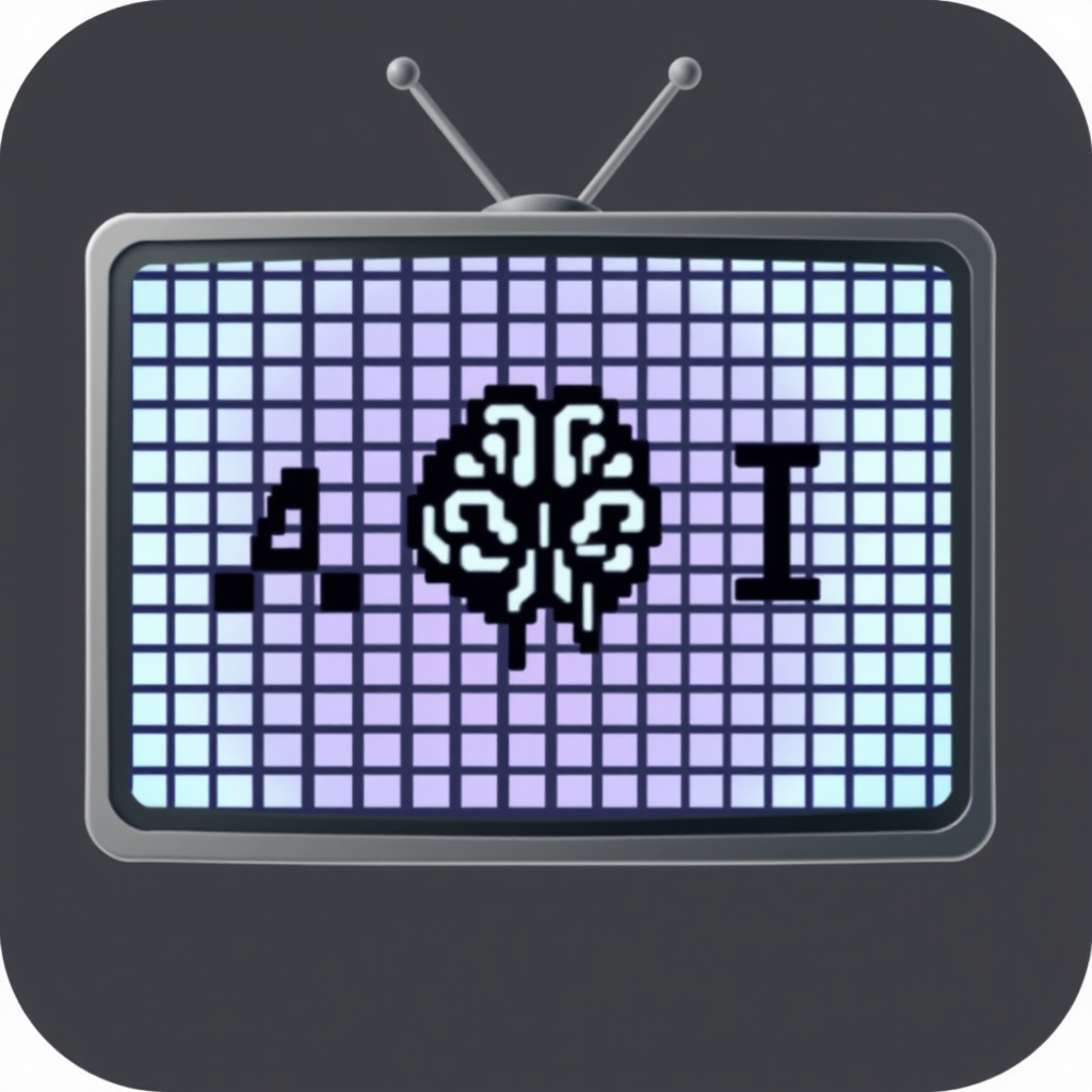 Evolving Pixel Grid: An icon showing a TV frame containing a grid of pixels that dynamically shift and form simple AI-related symbols (e.g., a stylized brain, a circuit, the letters 'AI') within the screen space.