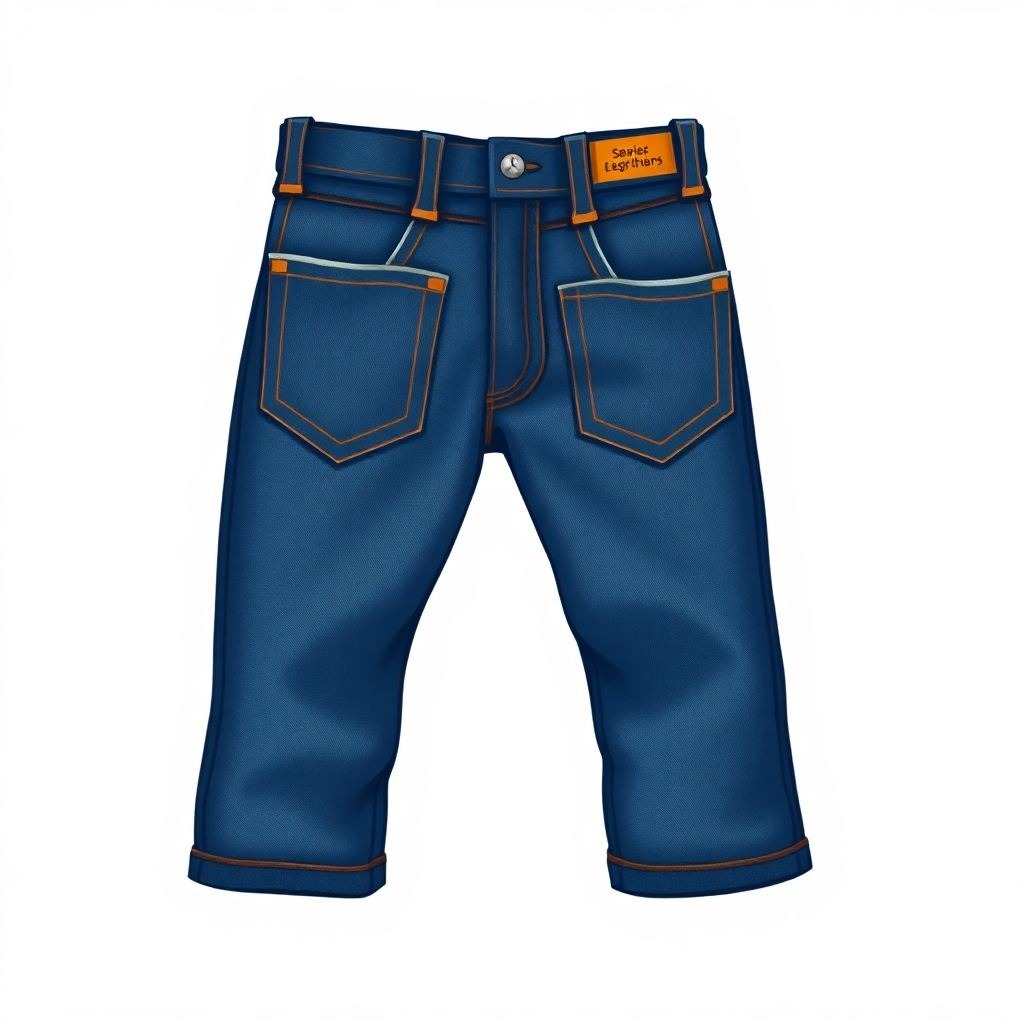 The image is a 3D illustration of a pair of blue jeans. The jeans are made of a denim-like material and have two pockets on the front and two on the back. The waistband is adjustable with a belt loop and there is a small orange label on the right side of the waistband with the brand name J.Crew written on it. The legs of the jeans are slightly tapered and have an elastic waistband. The background is white.