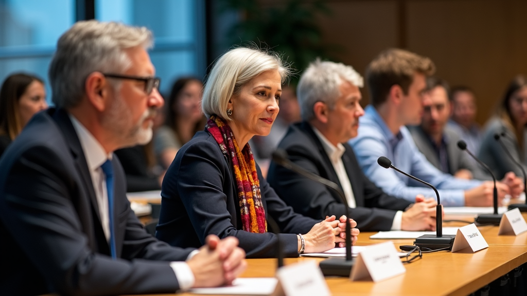 An expert panel discussing innovations in government efficiency, seated at a long table with microphones, attended by an engaged audience.