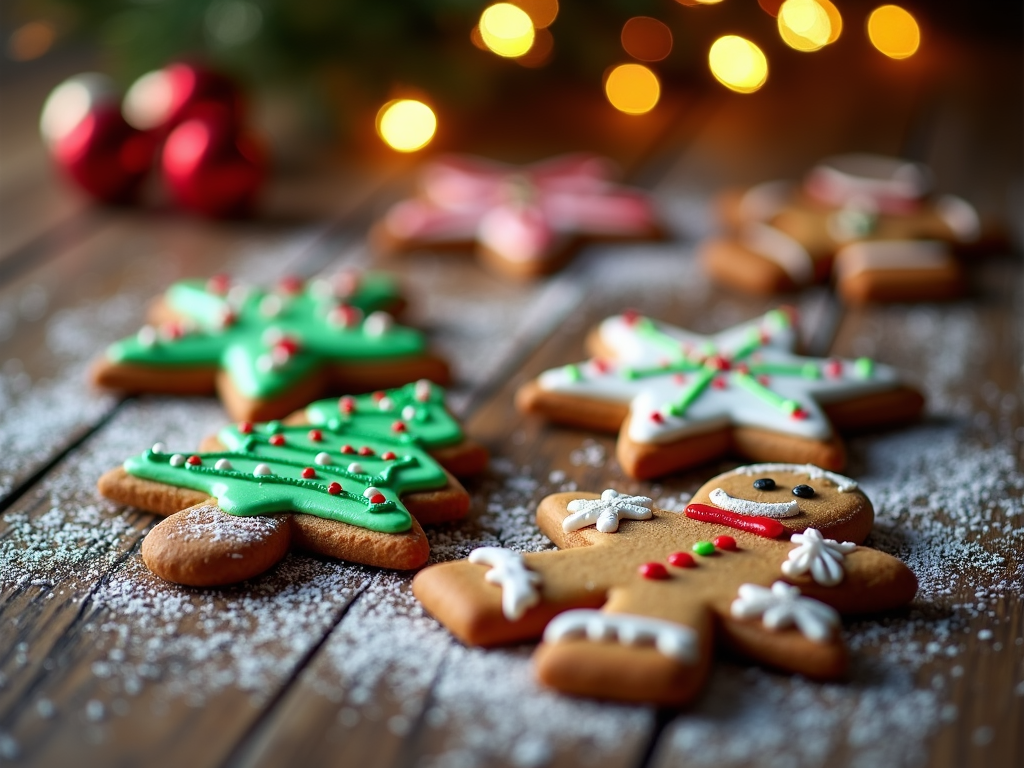  a group of decorated gingerbread cookies on a wooden table. There are six cookies in total, arranged in a scattered manner. The cookies are in the shape of Christmas trees, with green icing and red and white sprinkles on top. In the center of the image, there is a gingerbread man with a red scarf around his neck and a white star on his head. The background is blurred, but it appears to be a Christmas tree with lights and red ornaments. The table is covered in a light dusting of powdered sugar.