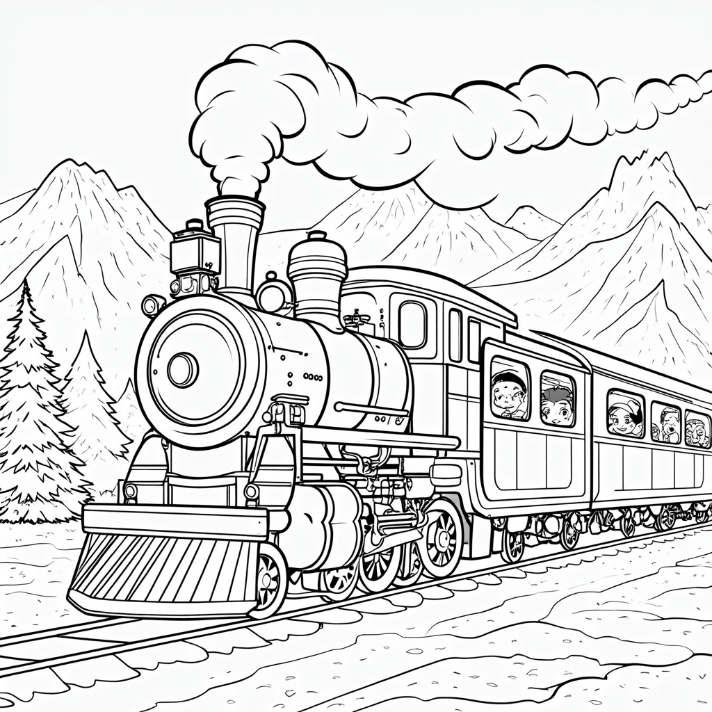 The image shows a sketch of a train on a railway track with people inside, surrounded by trees and mountains in the background. There is also a watermark on the image, indicating that it is a Thomas the Tank Engine coloring page.