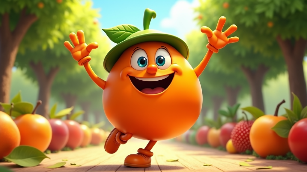 The image is a 3D rendering of a cartoon character in an orchard. The character is orange in color and has a big smile on its face. It is wearing a green hat with a leaf on top and has two arms and two legs. It has two hands up in the air, as if it is waving or smiling. The background is filled with rows of oranges and apples, and there are trees on either side of the character. The ground is covered in fallen leaves, and the overall mood of the image is cheerful and playful.