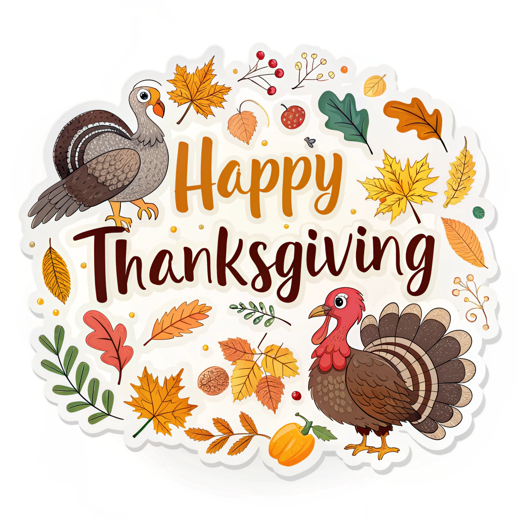 The image shows a happy Thanksgiving card with two turkeys surrounded by autumn leaves and fruits. The card is decorated with a variety of colors, including red, orange, yellow, and green, and the text 