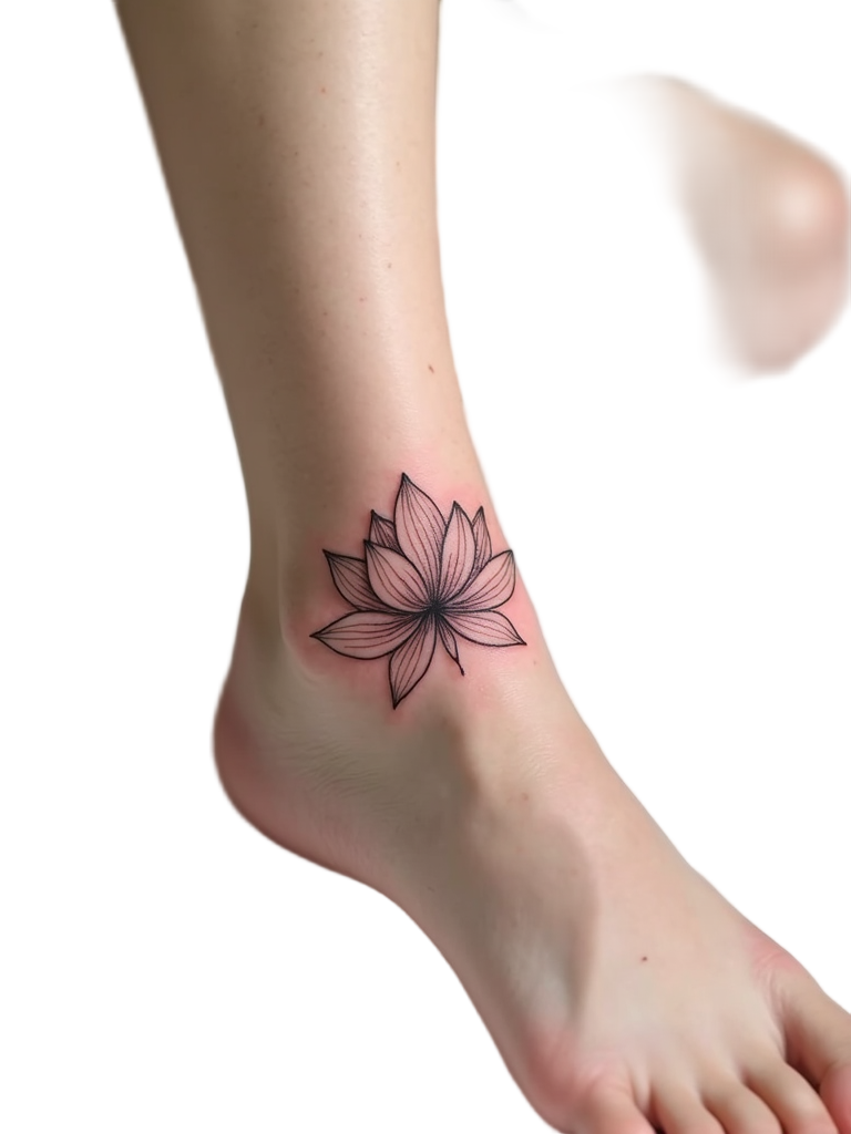 A delicate lotus flower tattoo on the ankle, its soft petals and fine lines conveying purity and spiritual awakening, beautifully nestled at the joint.