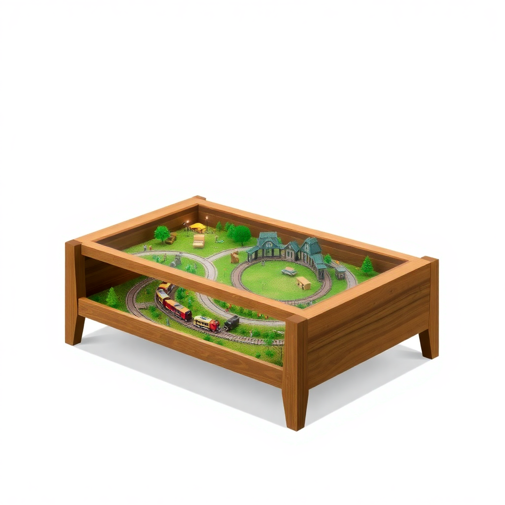 A coffee table with a hidden compartment that reveals a miniature, interactive landscape, such as a train set or fairy garden.