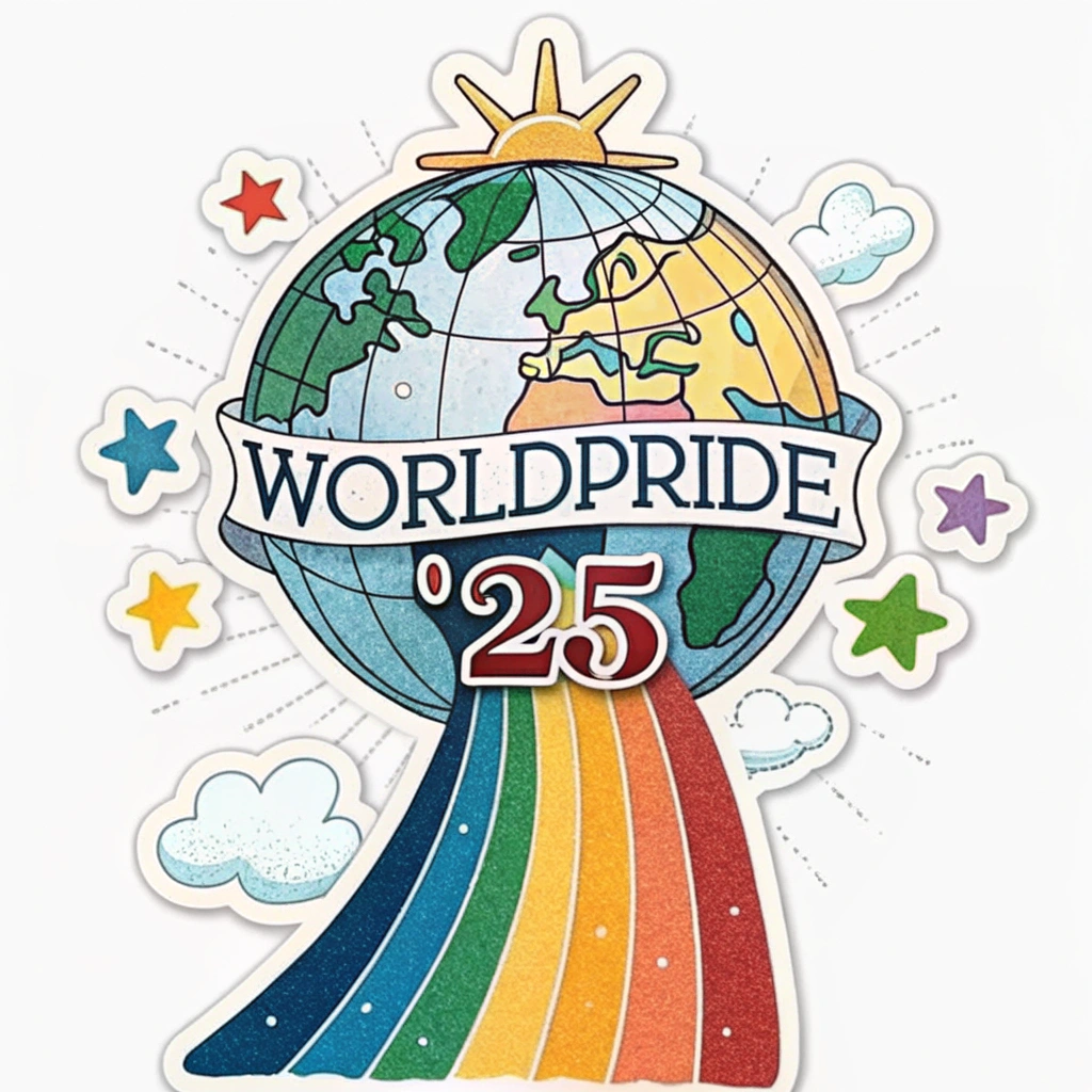 Simple Icon Idea: A stylized globe with multiple, vibrant rainbow paths converging towards its center or leading upwards towards a subtle star or sunrise element, symbolizing a unified, hopeful, and inclusive global future for WorldPride '25.