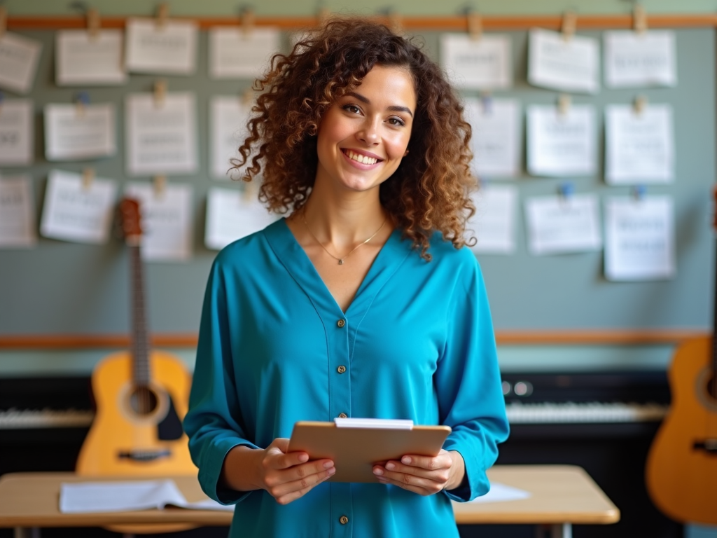 A young female teacher with curly hair holds a clipboard in a music classroom, where several instruments such as guitars and pianos are neatly arranged. Sheet music is pinned to a board behind her.