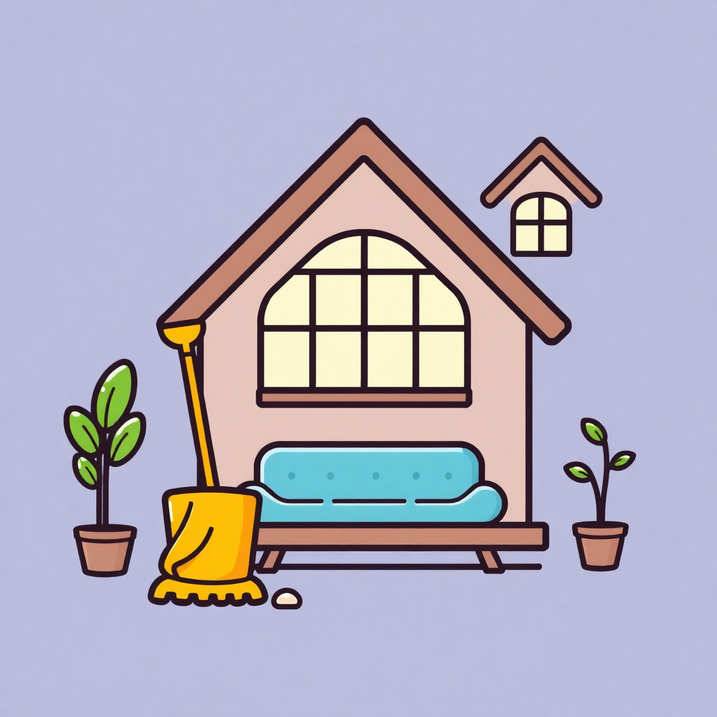 The image is an illustration of a small house with a sloping roof and a large window on the front. The house is painted in a light pink color with a brown shingled roof. In front of the house, there is a blue sofa with a yellow mop and two potted plants on either side. The background is a light purple color. The overall style of the illustration is simple and cartoon-like.