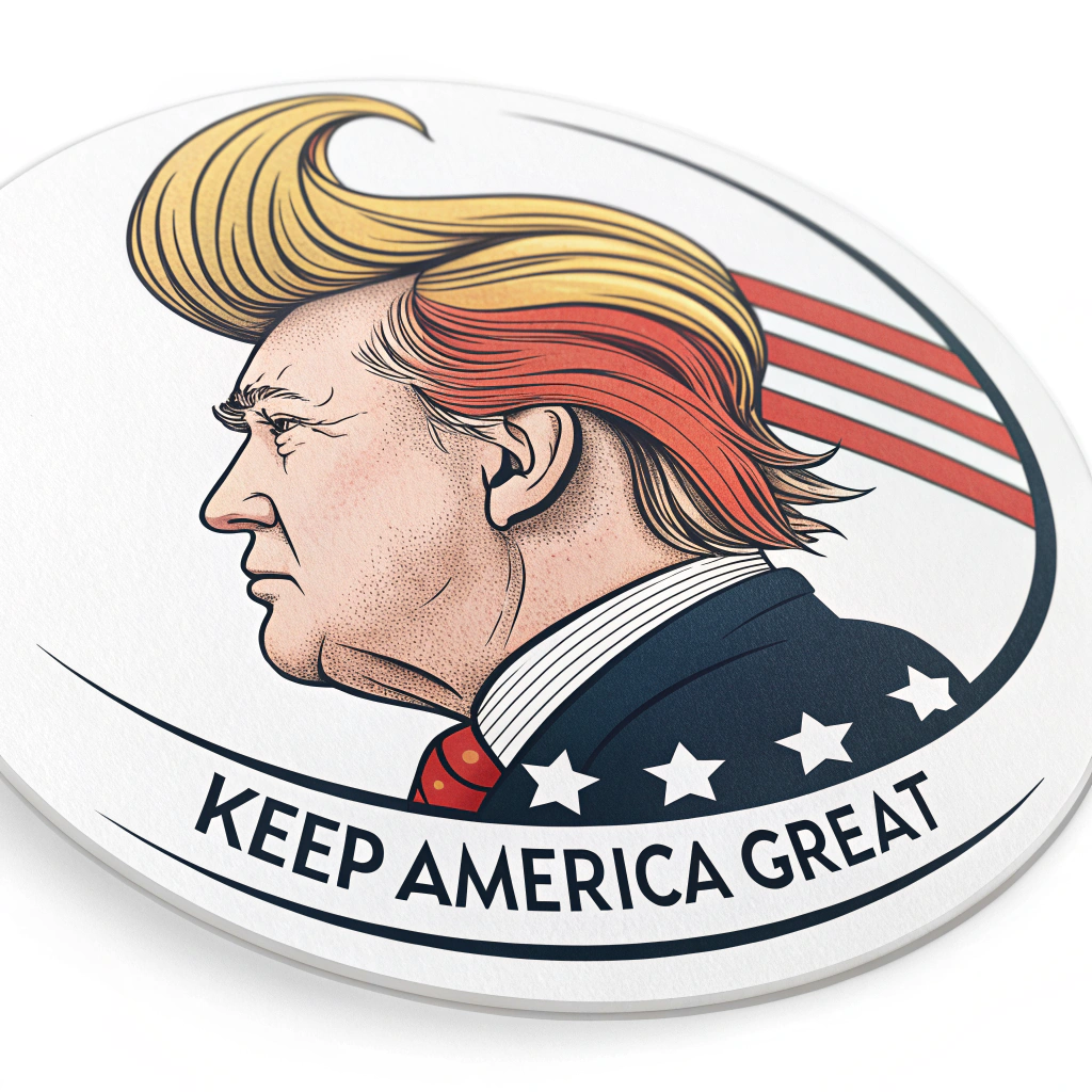 A circular sticker with a stylized image of Trump's signature hairstyle and the 'Keep America Great' slogan wrapping around the bottom.