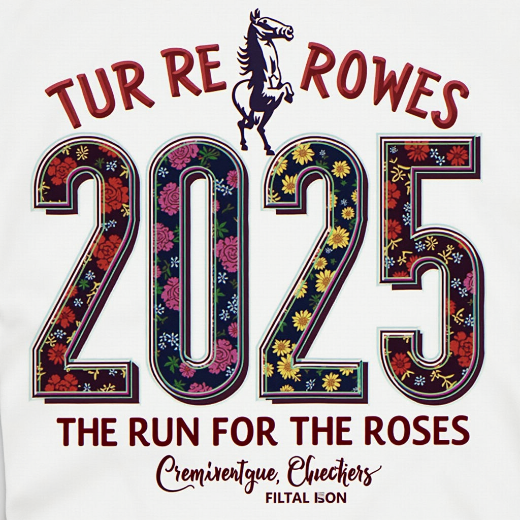 T-Shirt Design Sub-Idea 4: The numbers '2025' serve as the central graphic element, displayed very large. Each numeral (or the entire numerical block) is filled with a different, distinct, and vibrant jockey silk pattern. A tagline like 'The Run for the Roses' could be subtly integrated around or within the numeric design.