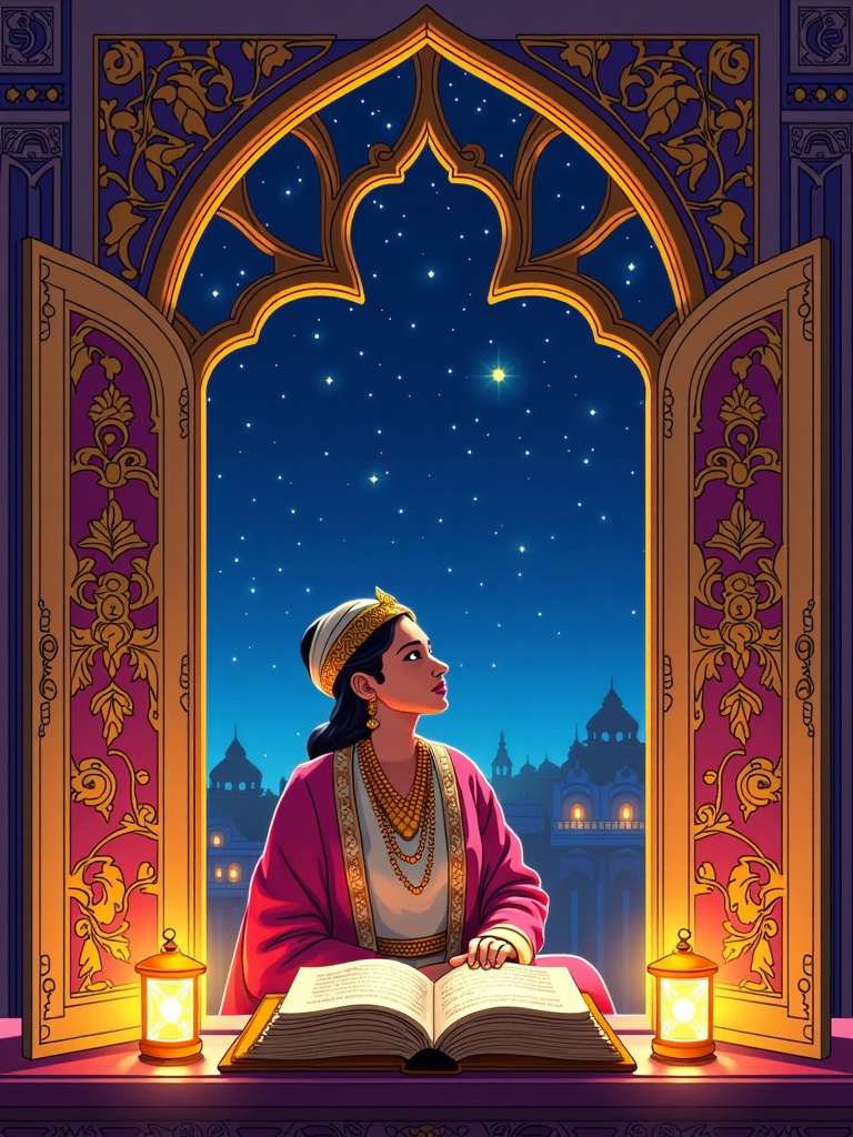 An illustration titled 'The Palace Window to a Universe of Tales': Scheherazade is framed by a beautifully ornate Arabian palace window or seated on a balcony, providing a stark contrast between the rich, detailed, and perhaps slightly confining interior (lit by flickering lanterns) and the vast, liberating expanse of the star-drenched night sky beyond. An ancient, open book or scroll rests beside her, its pages seeming to glow faintly as if releasing the stories. Her upward gaze is filled with resilience and the power of imagination.