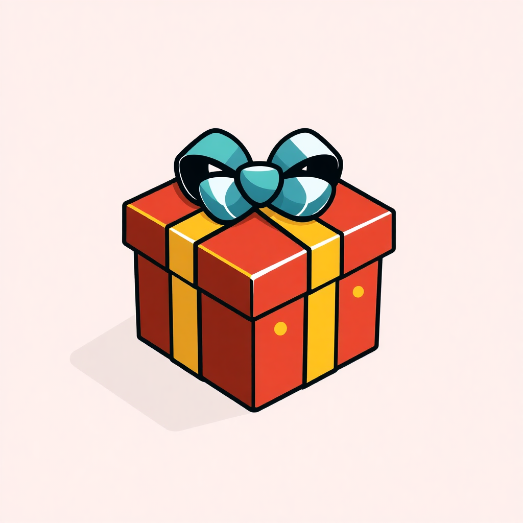 The image is a digital illustration of a gift box. The box is rectangular in shape and has a red base with yellow and orange stripes on the sides. On top of the box, there is a large blue bow with a black ribbon tied in a bow shape. The bow is symmetrical and appears to be made of a shiny material. The background is a light pink color.