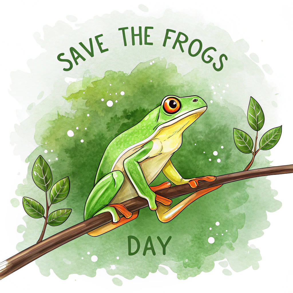 A vibrant Green Tree Frog perched sideways on a thin branch against a simple, gradient green background simulating foliage. 'Save The Frogs Day' text arched over the frog.