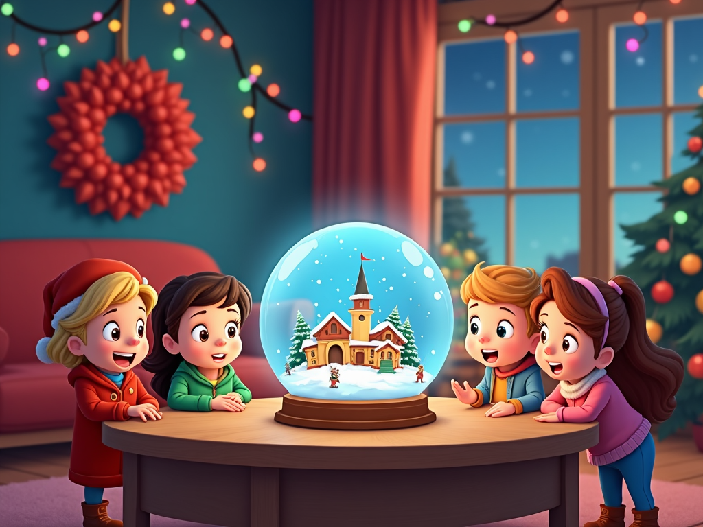 A cartoon living room with a large Christmas wreath hanging on the wall and colorful lights strung across the ceiling. A cheerful snow globe sits on the table, featuring a tiny winter village, while animated children peer excitedly into the globe, imagining their own adventures inside it.