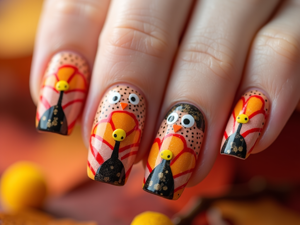 A whimsical nail set showcasing playful polka dot turkeys and cheerful autumn flowers, bringing a light-hearted holiday spirit.