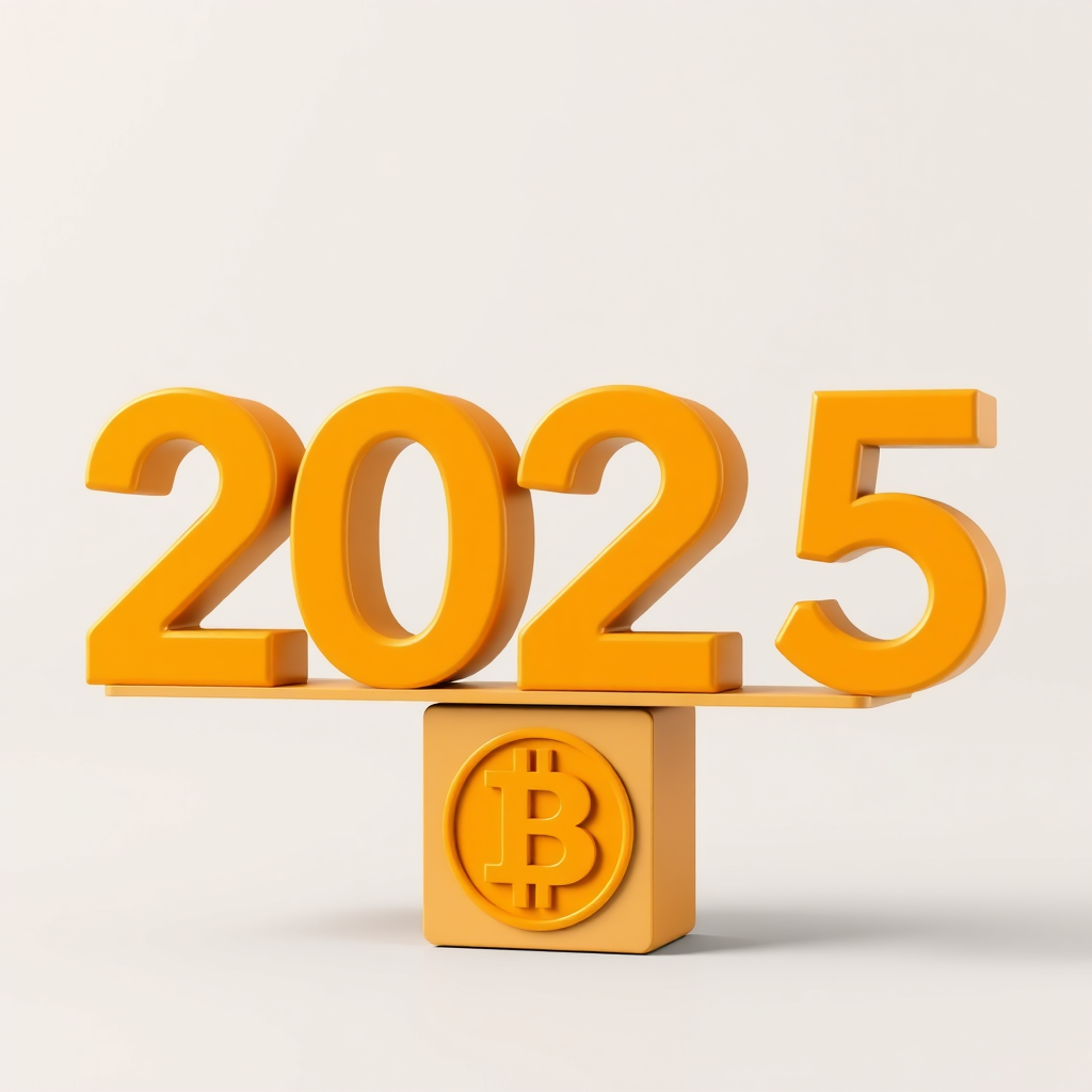 Elevated '2025' with Bitcoin Base: The year '2025' is presented in a strong, upward-angled perspective, creating a sense of scale and importance. It rests upon a foundational element subtly shaped like a Bitcoin block or incorporating Bitcoin's orange accents.