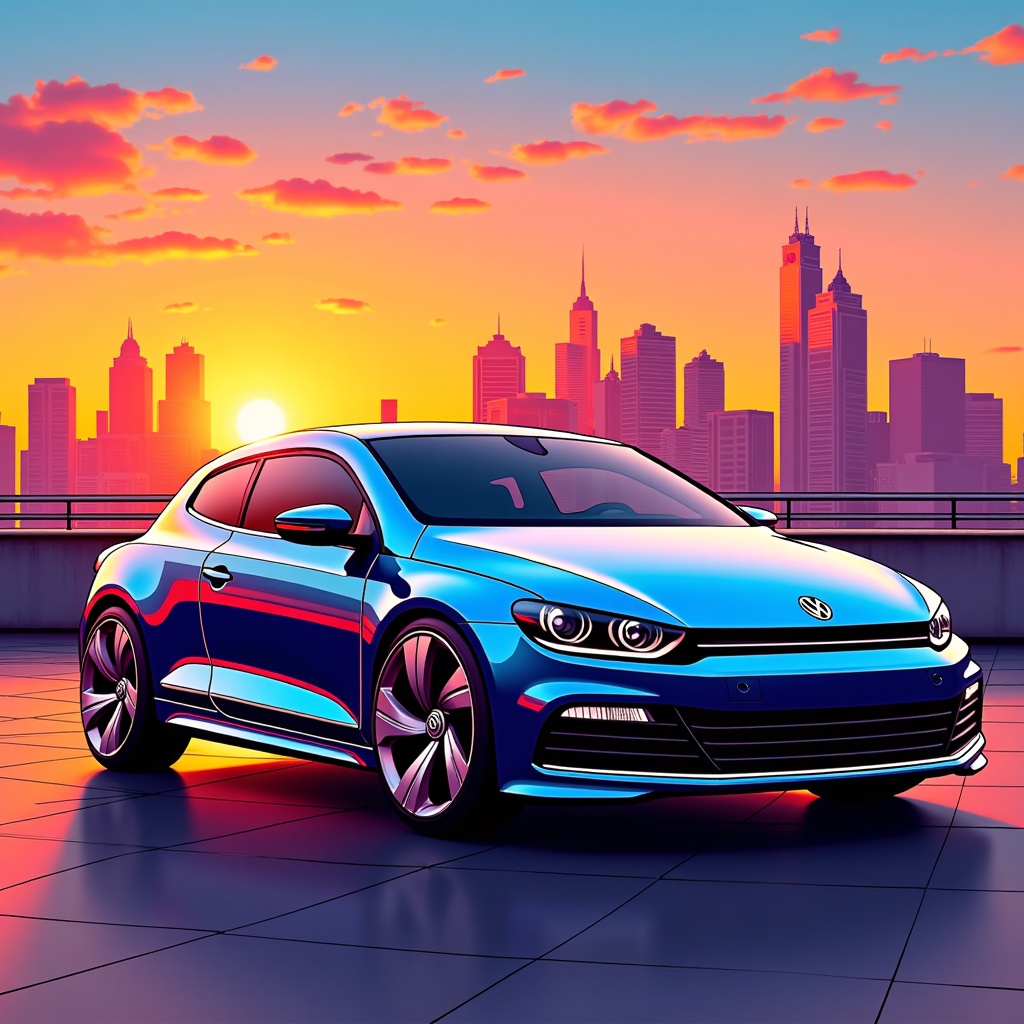 The image is a digital illustration of a blue Volkswagen Scirocco car parked on a rooftop with a city skyline in the background. The sky is filled with vibrant colors of orange, pink, and yellow, with the sun setting in the distance. The car is facing towards the right side of the image, with its headlights on and the Volkswagen logo prominently displayed on the front grille. The city skyline is visible in the foreground, with tall buildings and skyscrapers. The overall mood of the illustration is dynamic and modern.