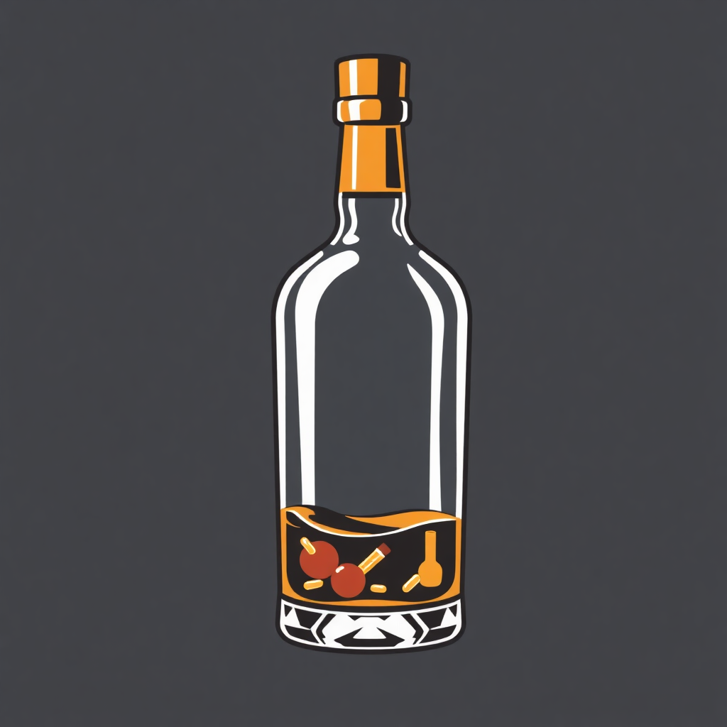 The image is an illustration of a glass bottle with an orange cap. The bottle is empty and has a label on it. The label has an orange and black design with a geometric pattern. Inside the bottle, there is a small amount of orange liquid, which appears to be a cocktail or a drink. The liquid is spilling out of the bottle and onto the surface. The background is a dark grey color. The overall style of the illustration is simple and minimalistic.