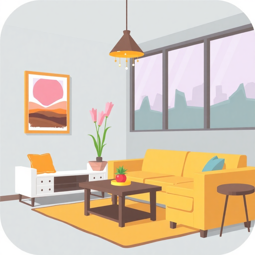 The image is an illustration of a living room with a modern and colorful design. The room has a large window with a view of a city skyline outside. The walls are painted in a light blue color and the floor is covered with a yellow rug. On the left side of the room, there is a white sofa with orange throw pillows and a wooden coffee table in front of it. Above the sofa, there are two pendant lights hanging from the ceiling. In the center of the living room, on the right side, is a small wooden side table with a vase of pink tulips and a red apple on top. The sofa is a bright yellow color and has a blue throw pillow on it. There is also a white side table next to the sofa. The overall style of the space is minimalistic and minimalistic.