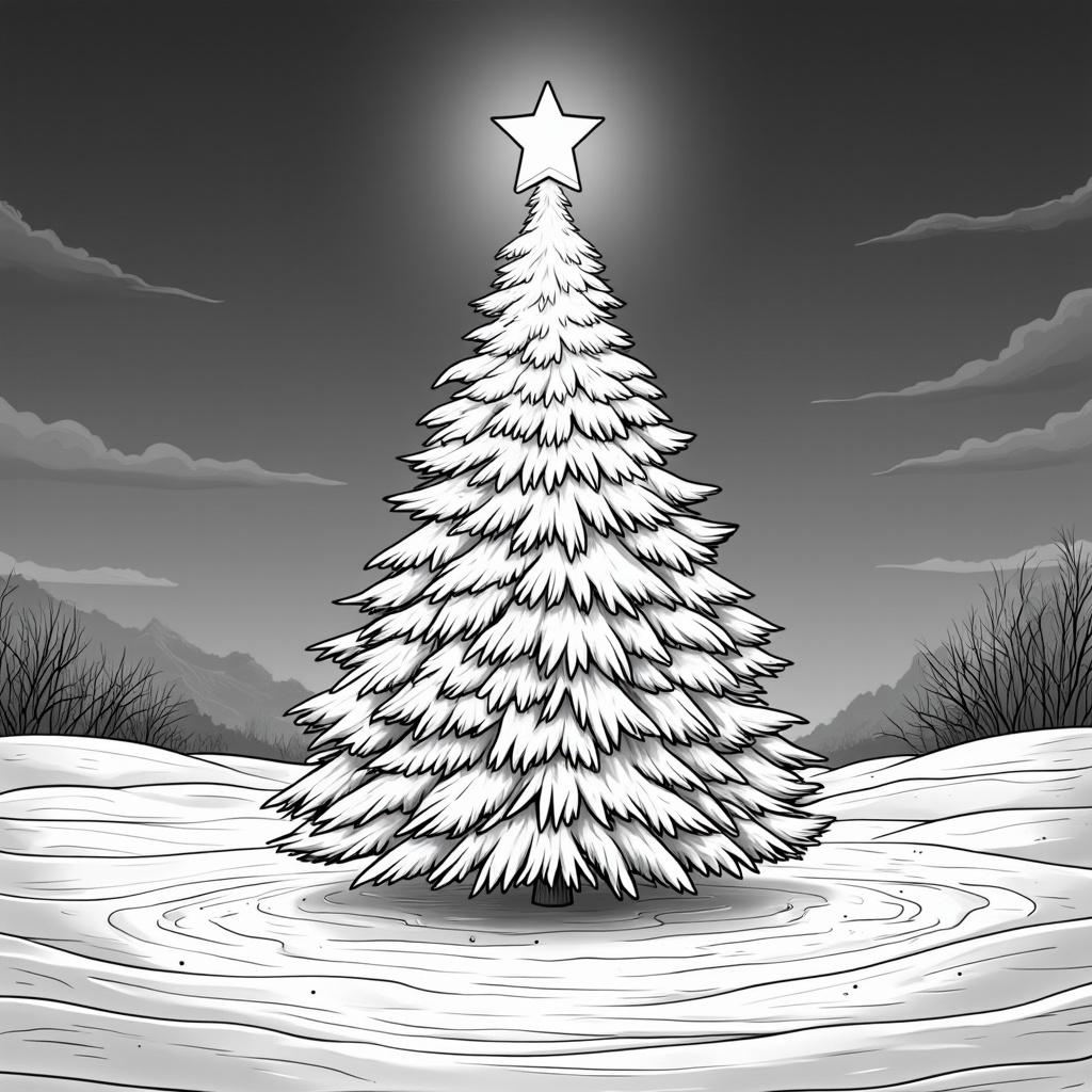 An elegant evergreen tree standing tall amidst a sea of snow, decorated with twinkling lights and sparkling ornaments. The tree's star topper glows brightly against the twilight sky, casting a warm, inviting light over the surrounding snow.