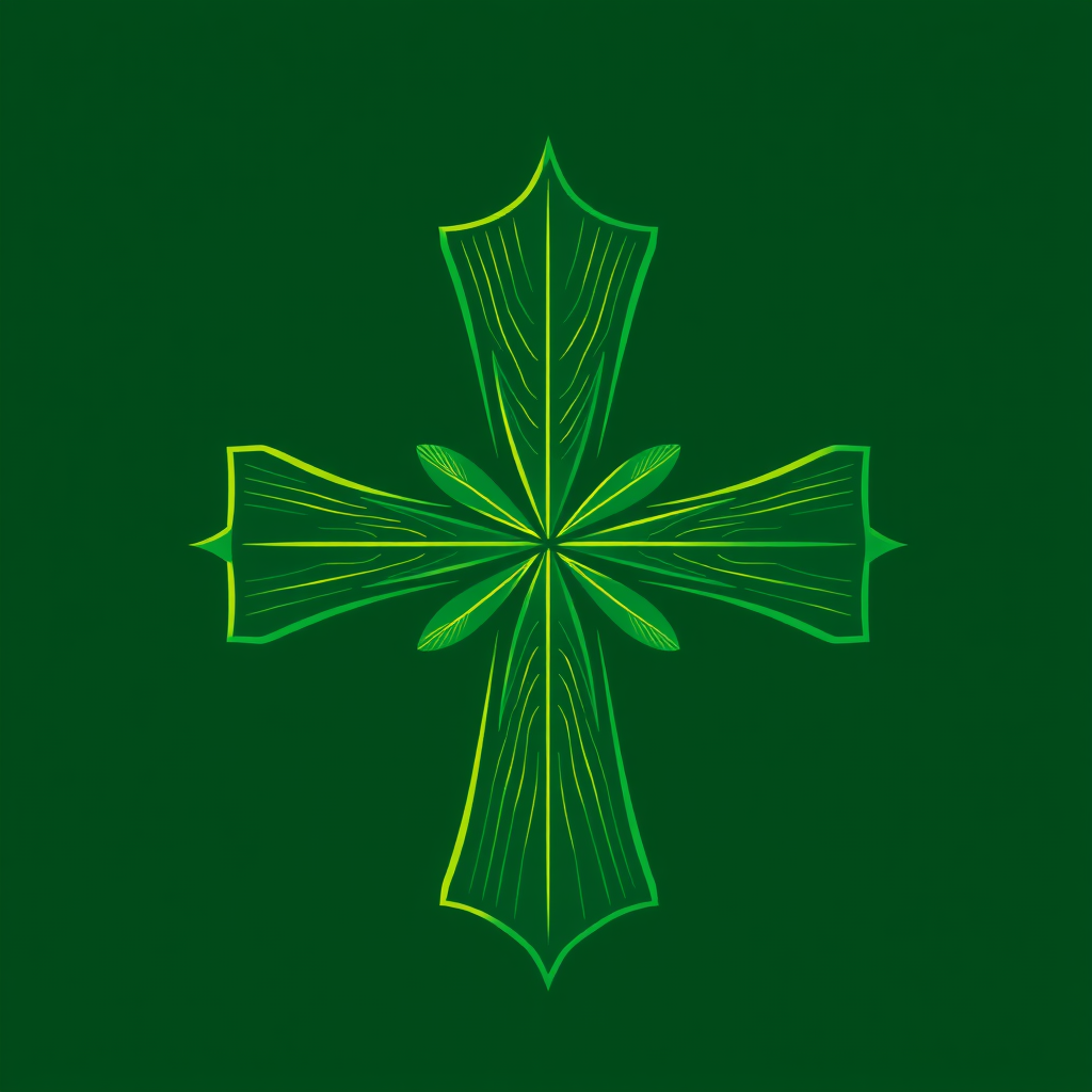 A vibrant green cross where the central intersecting point subtly radiates a very fine, sunburst-style texture. This texture is composed of delicate lines resembling simplified cannabis leaf veins, which grow fainter as they extend towards the outer edges of the cross arms.